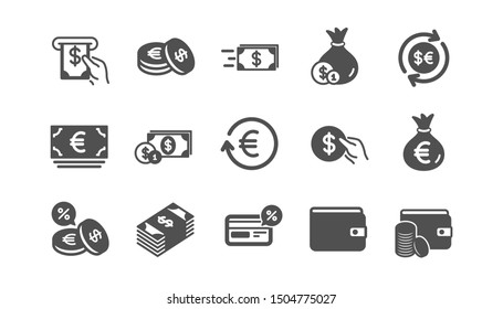 Money and payment icons. Cash, Wallet and Coins. Account cashback classic icon set. Quality set. Vector