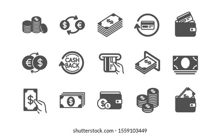 Money and payment icons. Cash, Wallet and Coins. Account cashback classic icon set. Quality set. Vector