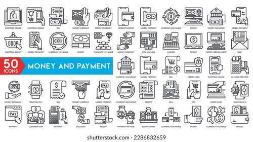 Money And Payment icons. Set of Banking, Wallet and Coins icons. Credit card, Currency exchange and Cashback money service. Euro and Dollar, Cash wallet, exchange. Banking credit card, atm payment