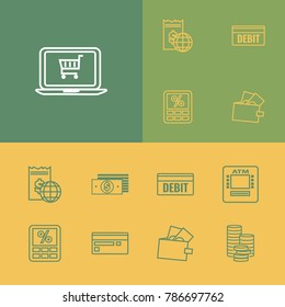 Money payment icons set with debit, bank atm and tax calculator elements. Set of money payment icons and purse concept. Editable vector elements for logo app UI design.
