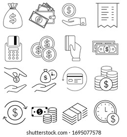 Juego de vectores de iconos de dinero y pago. Efectivo, billetera y monedas. Colección de signos de ilustración clásica de cashback de cuenta.