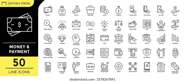 Money and payment line editable icons set. Editable Stroke. Money, investment, salary, contactless, safe, bank, bank check, data analist, stock bill, target, crow fund, and more. Vector Illustration.