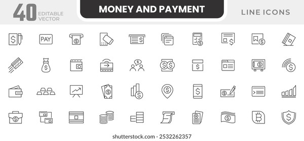 Conjunto de ícones de Linha de Pagamento e Moeda. Caixa, poupança, objetivo financeiro, lucro, câmbio de moeda, cartões bancários, bancos, transações, atm, compra, conjunto de ícones de linha de faturamento. Pacote de ícones de linha fina da interface do usuário. 