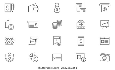 Money and Payment line icon set. Cash, saving, financial goal, profit, currency exchange, bank cards, banking, transactions, atm, purchase, bill line icon set. UI thin line icon pack. 