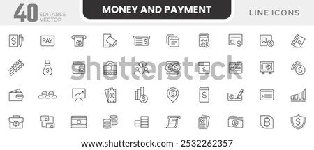 Money and Payment line icon set. Cash, saving, financial goal, profit, currency exchange, bank cards, banking, transactions, atm, purchase, bill line icon set. UI thin line icon pack. 