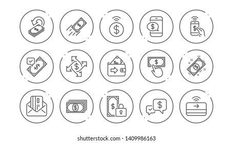 Money payment line icons. Accept transfer, Pay by Phone and Credit card. Cash linear icon set. Line buttons with icon. Editable stroke. Vector