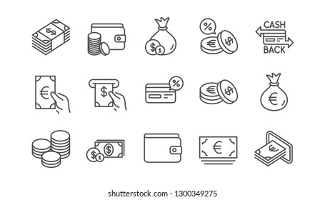 Money and payment line icons. Cash, Wallet and Coins. Account cashback linear icon set.  Vector