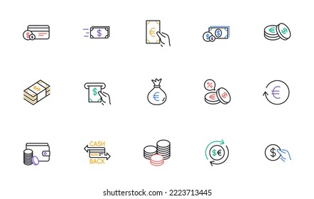 Money and payment line icons. Cash, Wallet and Coins. Account cashback linear icon set. Bicolor outline web elements. Vector