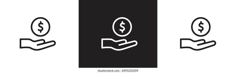 Money and Payment line icons, Coin and hand line icon, Result of financial gain, profit, payment receipt, income, Finance icon vector illustration on transparent black and white background, Eps10