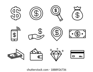 Money And Payment Line Icons. Dollar, Wallet, ATM, Bundle Of Money, Hand With A Dollar And Diamond, And Cash Vector Icon Set.