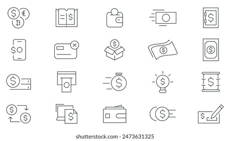 Money and Payment Line Icons set. Business, finance, transaction, payment, banking, wallet, coins, credit card, currency, exchange, cashback, dollar, euro, exchange, atm payment outline icon collect