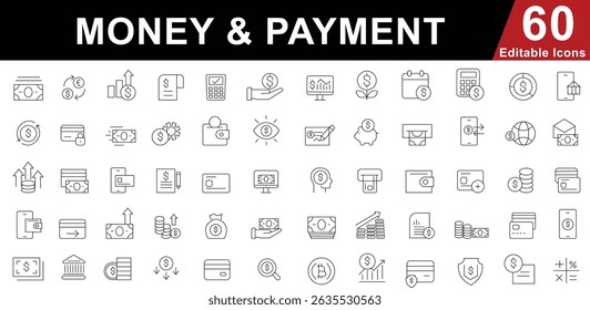 Money and Payment Line Icons Set. Finance, Banking, E-commerce and Transaction Symbols. Editable Vector