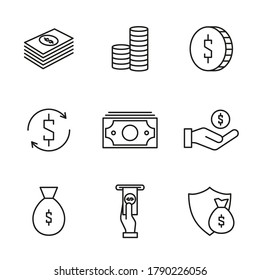 Money and payment line icons. Vector set of banknotes, coins, cash.