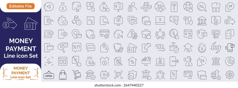 Symbolsatz für Geldzahlungslinien. Zahlungsoptionen. Zahlungs-Vektorsymbole. Gliederungssymbole für Zahlungsmethoden. Geldtransfer. Bank-, Kreditkarten-, Bargeld- und Transaktionssymbol. Vektorgrafik