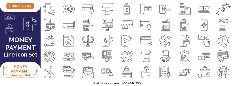 Money Payment Linear icon set. Payment options. Payment vector icons. Outline payment method symbols. Money transfer. Banking, credit card, cash and transaction symbol. Vector illustration