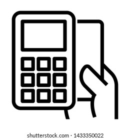 Money payment machine with hand. Card payment concept. Simple design. Line vector. Isolate on white background.