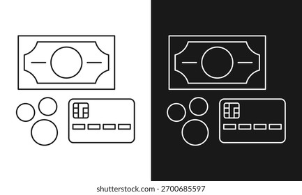 Money and Payment Methods Icon Set with Cash Banknote, Coins, and Credit Card for Financial Transactions.