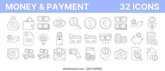 Money and payment methods, outline icon set. Editable stroke. Business and finance linear collection with cash, coin, banking, credit card, exchange, saving and transaction symbol. Vector illustration