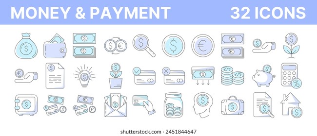 Dinero y métodos de pago, conjunto de iconos de esquema. Trazo y color editables. Colección de negocios y finanzas con dinero en efectivo, moneda, banca, tarjeta de crédito, cambio, ahorro, símbolo de transacción. Ilustración vectorial
