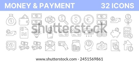 Money and payment methods, outline icon set. Editable stroke. Business and finance linear collection with cash, coin, banking, credit card, exchange, saving and transaction symbol. Vector illustration