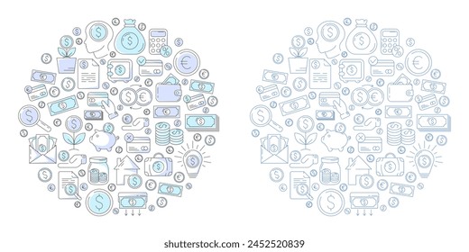 Money and payment methods, round composition, outline icon set. Business and finance design with cash, coin, banking, card, exchange, saving, transaction symbol. Vector illustration