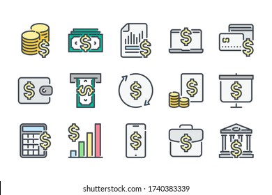 Money and Payment related color line icon set. Invoice and Accounting colorful linear icons. Finance and Banking flat color outline vector sign collection.