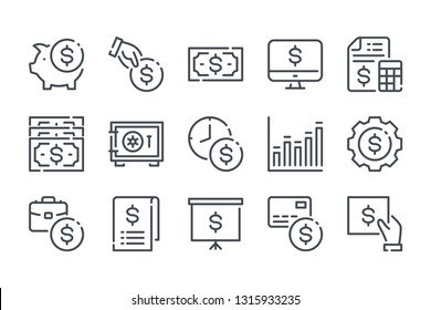 Money and Payment related line icons. Finance and Banking vector linear icon set.