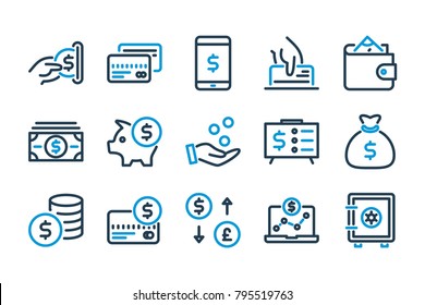 Money And Payment Related Line Icons. Finance And Banking Vector Icon Set.