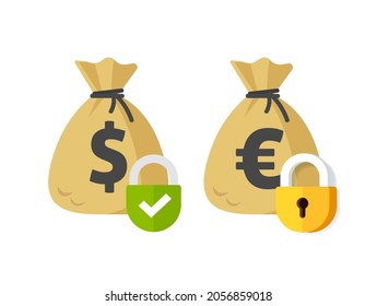 Money Payment Security Lock Protection Icon Or Private Pay Transaction Suspended Or Locked Symbol Flat Cartoon Illustration, Dollar And Euro Moneybag cash Sack With Padlock    