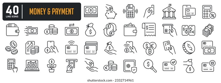 Money and payment simple minimal thin line icons. Related money, credit card, atm, purchase, bill. Vector illustration.  svg