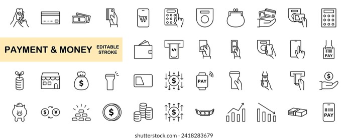 Money and payment simple thin line icons set. Editable stroke. Vector illustration.