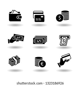 Money and payment solid black vector icon set. Euro and dollar coin, exchange, credit card, pay by card, atm, paper money, investment, cash pay and wallet. Business financial commerce pictograms