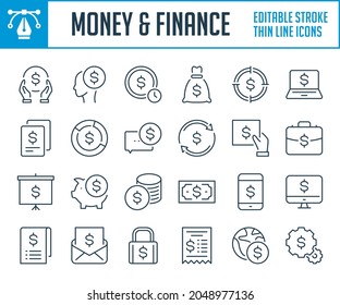 Money and Payment thin line icons. Money transfer, Finance and Business savings outline icon set. Editable stroke icons.