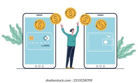 Money payment transfer digital send phone online receive isolated concept. Vector design graphic illustration