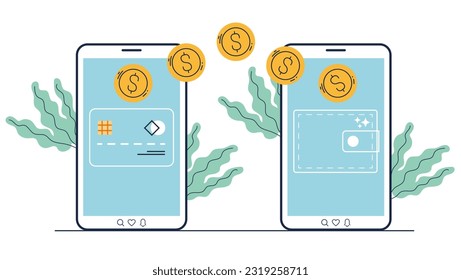 Money payment transfer digital send phone online receive isolated concept. Vector design graphic illustration