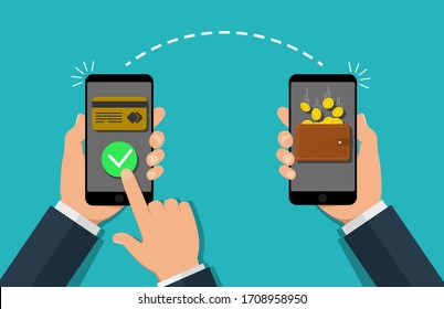 Money payment transfer in mobile. Online transaction with cash wallet and credit card. Two hands exchange electronic money. Concept of fast pay by purchase. Sending and receiving money. vector