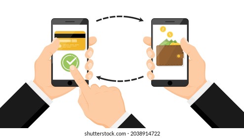 Money payment transfer in mobile. Online transaction with cash wallet and credit card. Two hands exchange electronic money. Concept of fast pay by purchase. Sending and receiving money. vector