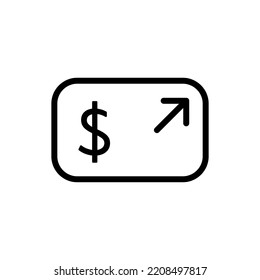 Überweisung von Geld, Vektorsymbol schwarze Umrisse. EPS10. Auszahlen, Geld ausgeben. Transaktionszeichen. Ziehen Sie Dollar Bargeld ab. Senden Sie Währungsillustration... Ewallet, Online Banking Symbol. Einzeln auf Weiß