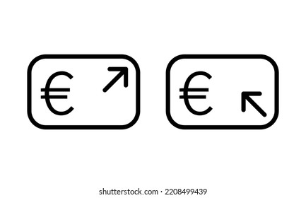Money payment transfer vector icons set black outline. EPS 10. Transaction sign. Pay out, get finance illustration. Online banking symbol. Euro money send, cashback. Ewallet. Isolated on white