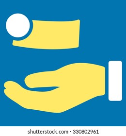 Money Payment vector icon. Style is bicolor flat symbol, yellow and white colors, rounded angles, blue background.