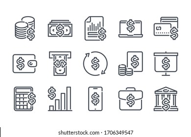 Money and Payment Vector Line Icon Set. Finance, Cash and Dollar Outline Icons.