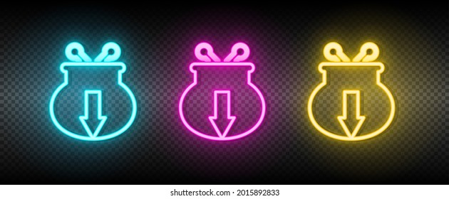 dinero, pago, icono del vector neón de la cartera. Ilustración neón azul, amarillo, rojo conjunto de iconos.