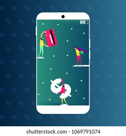 Money and payments concept imaged with credit card, dollar symbol and wallet with small people on the smartphone screen