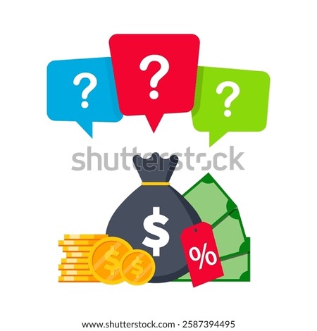 Money with percent sign and question mark - illustration for question about finance, loan and tax. Vector isolated on white.