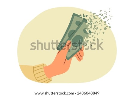 Money in person hands quickly disappears due to high inflation caused by crisis or lack of financial planning. Human loses earned money after accelerating inflation and rising living costs