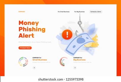 Money phishing alert vector design template. Paper money on a big symbolic hook with an alert sign. Cybercrime and fraud concept.