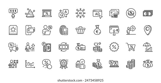 Geld-, Telefon- und Inflationslinien-Symbole packen. KI, Frage und Antwort, Map Pin-Symbole. Geldbeutel, Treuekarte, Scheck Investment Web Symbol. Münzen, Geldbörse, Karten-Piktogramm. Vektorgrafik