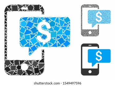 Money phone SMS composition of bumpy parts in variable sizes and shades, based on money phone SMS icon. Vector joggly dots are united into collage. Money phone SMS icons collage with dotted pattern.