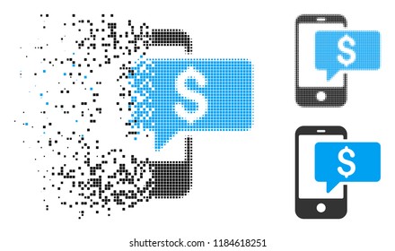 Money phone SMS icon in dispersed, pixelated halftone and entire versions. Points are combined into vector dispersed money phone SMS icon. Disintegration effect involves rectangular dots.