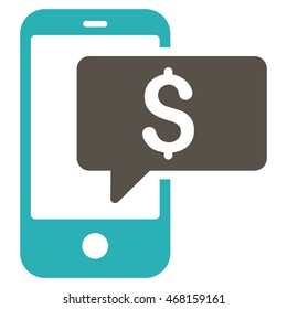 Money Phone SMS icon. Vector style is bicolor flat iconic symbol with rounded angles, grey and cyan colors, white background.
